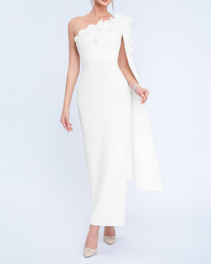 one-shoulder column dress with floral appliqué cape – AURELIATU