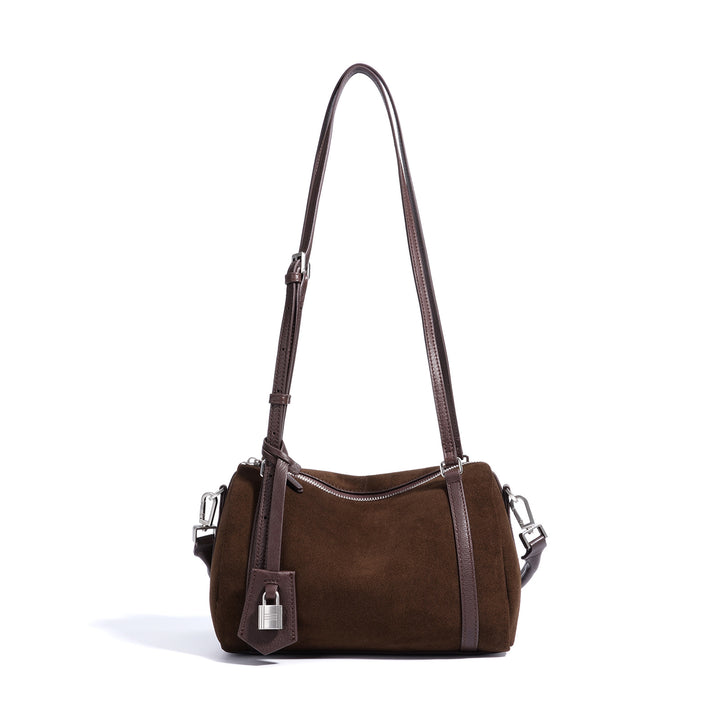 suede shoulder bag with leather trim and lock charm – ALBALI