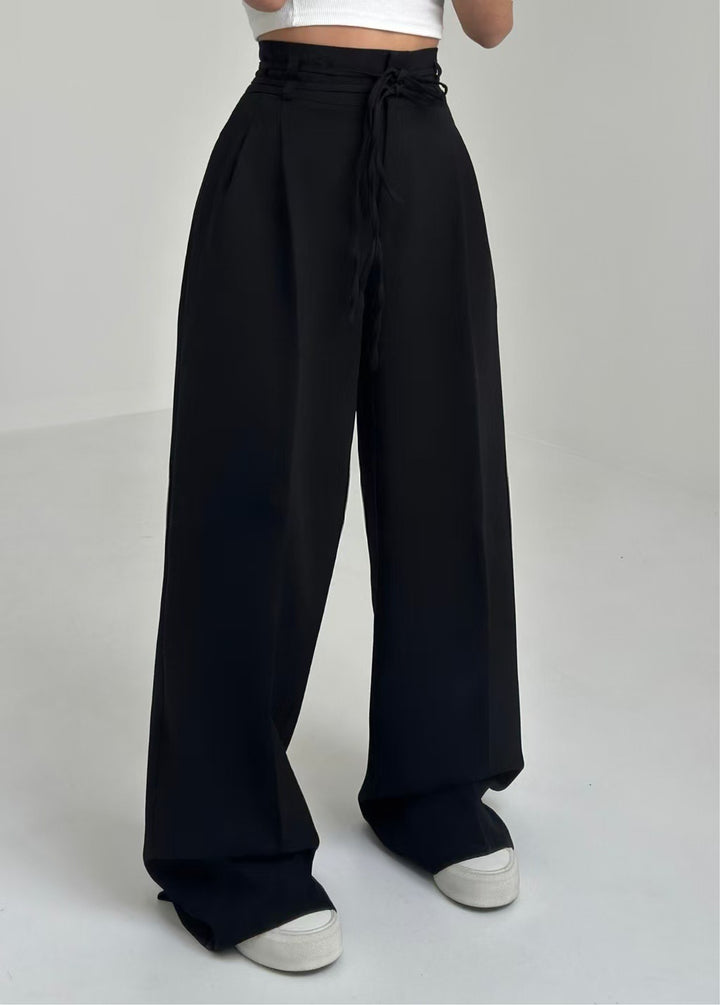 high-waist wide-leg pants with self-tie belt – SANDRA