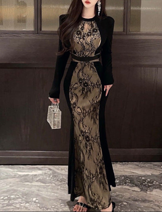 فستان متوسط ​​الطول بأكمام طويلة ولوحة دانتيل وحواف متباينة – سيرينا