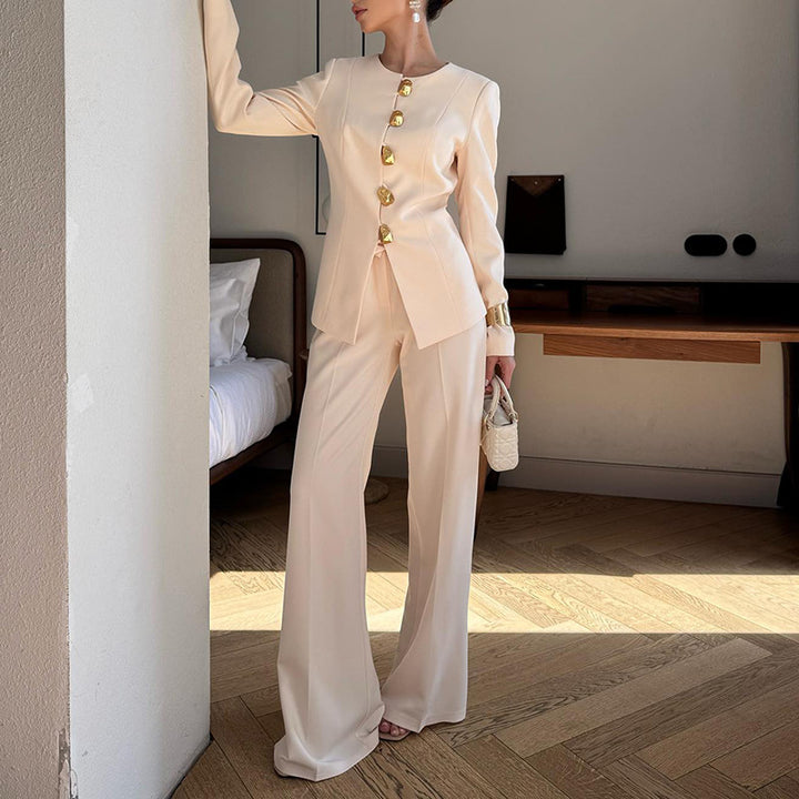 tailored ivory blazer set with gold statement buttons – AURELIE