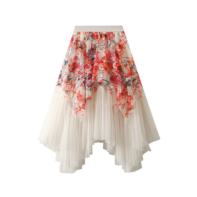 asymmetric floral tulle midi skirt with layered hem – FLORETTE