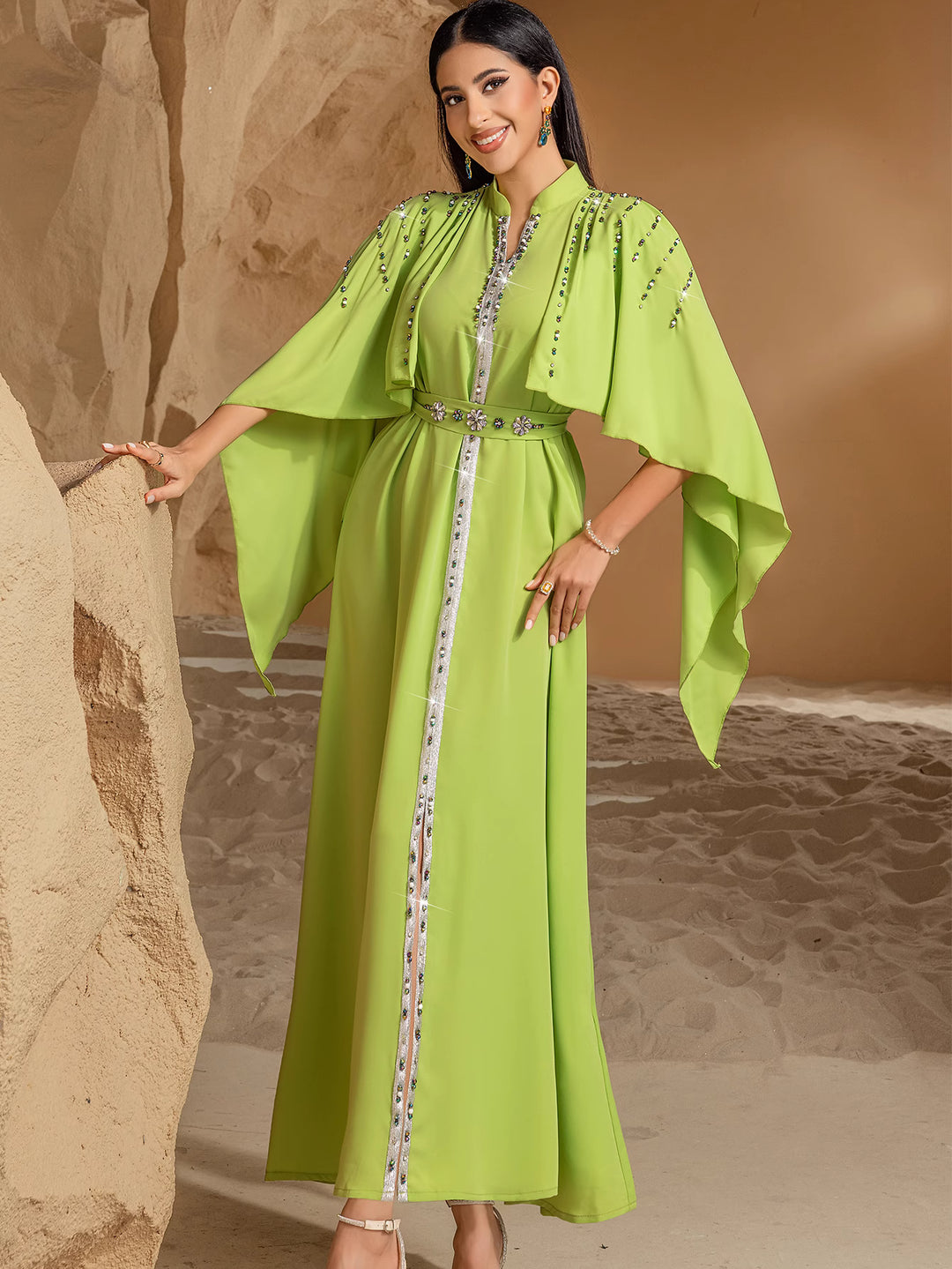 embellished flare-sleeve maxi dress with cape overlay - AMARA