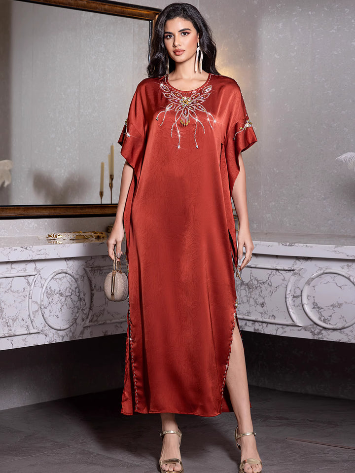 short-sleeve satin dress with embellished neckline - ZARAZLU
