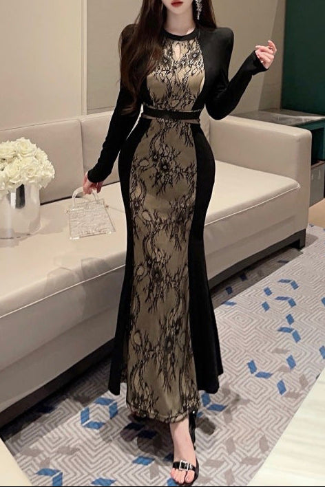 فستان متوسط ​​الطول بأكمام طويلة ولوحة دانتيل وحواف متباينة – سيرينا