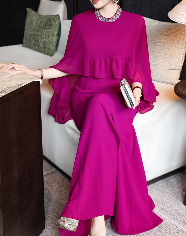 black cape-overlay gown with ruffled chiffon tier – ELIORA