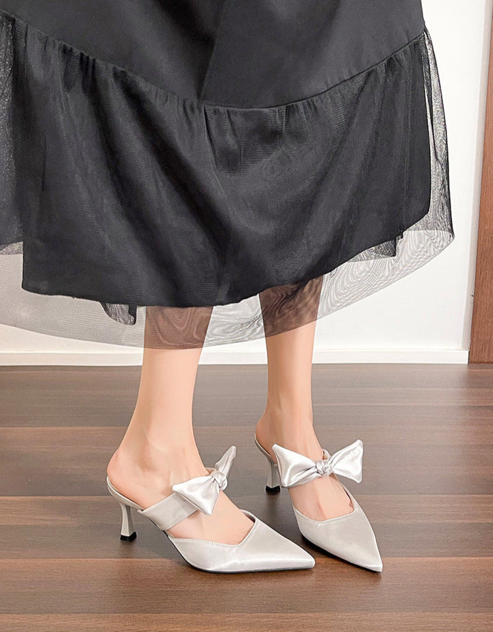 satin pointed-toe mules with bow strap - SOFIA