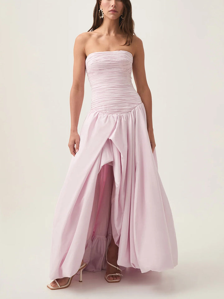 strapless ruched bust gown with draped high-low skirt – AMELIA