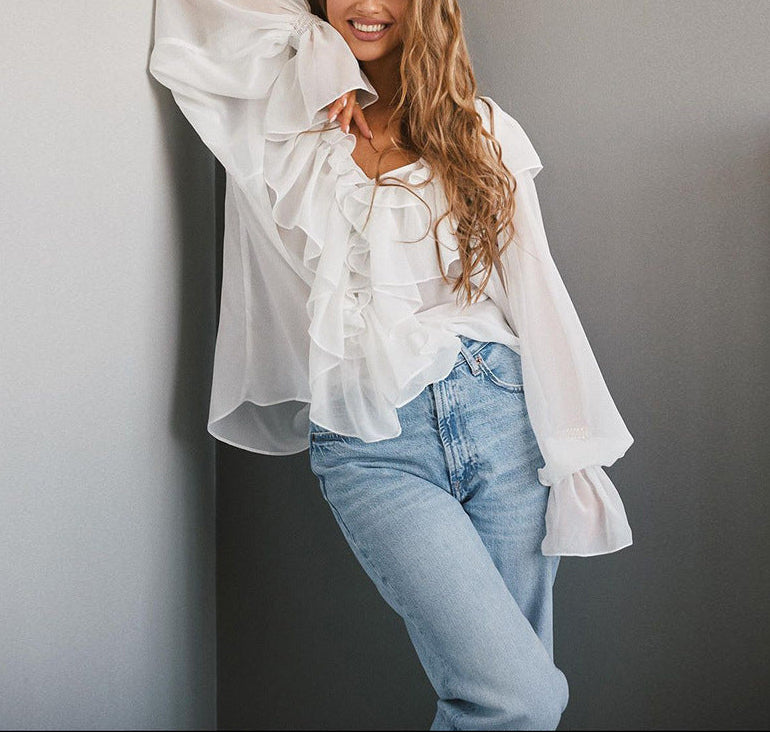 chiffon blouse with cascading ruffle neckline – SERENE