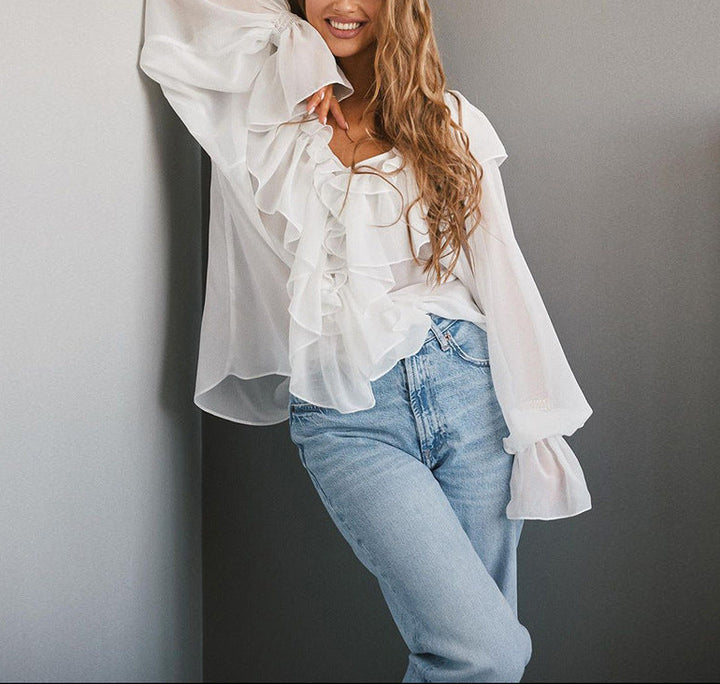 chiffon blouse with cascading ruffle neckline – SERENE