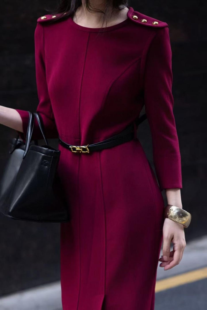 elegant shoulder-button column dress with front slit – NOIR