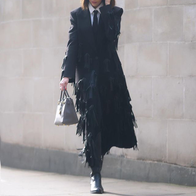 long trench coat with leather fringe detailing – RAINE