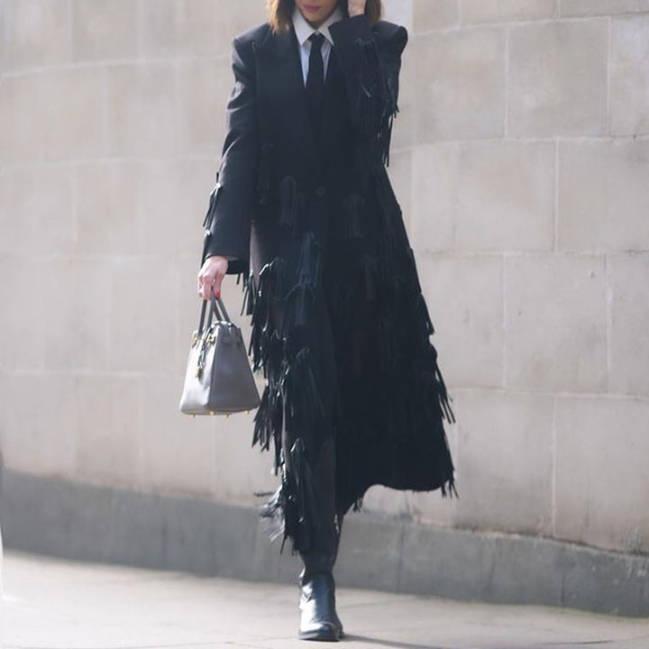 long trench coat with leather fringe detailing – RAINE