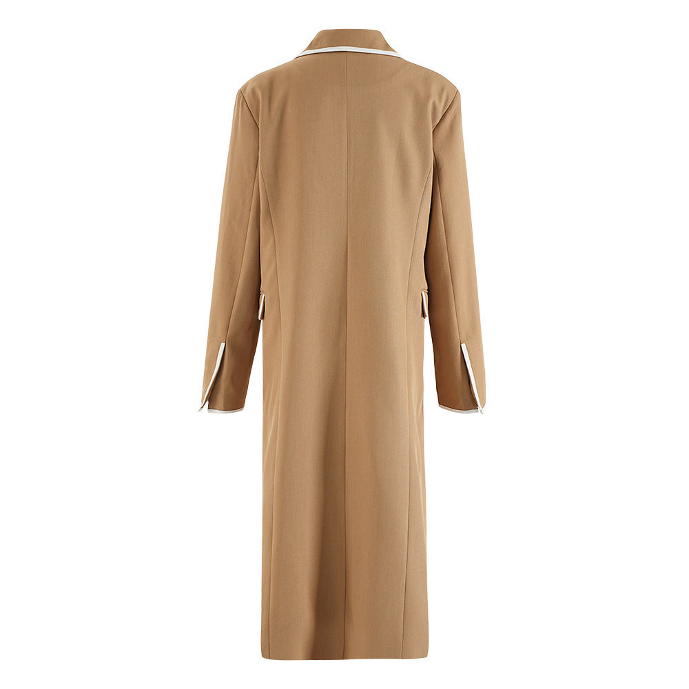 double-breasted long tailored coat with contrast piping – CAMILLE
