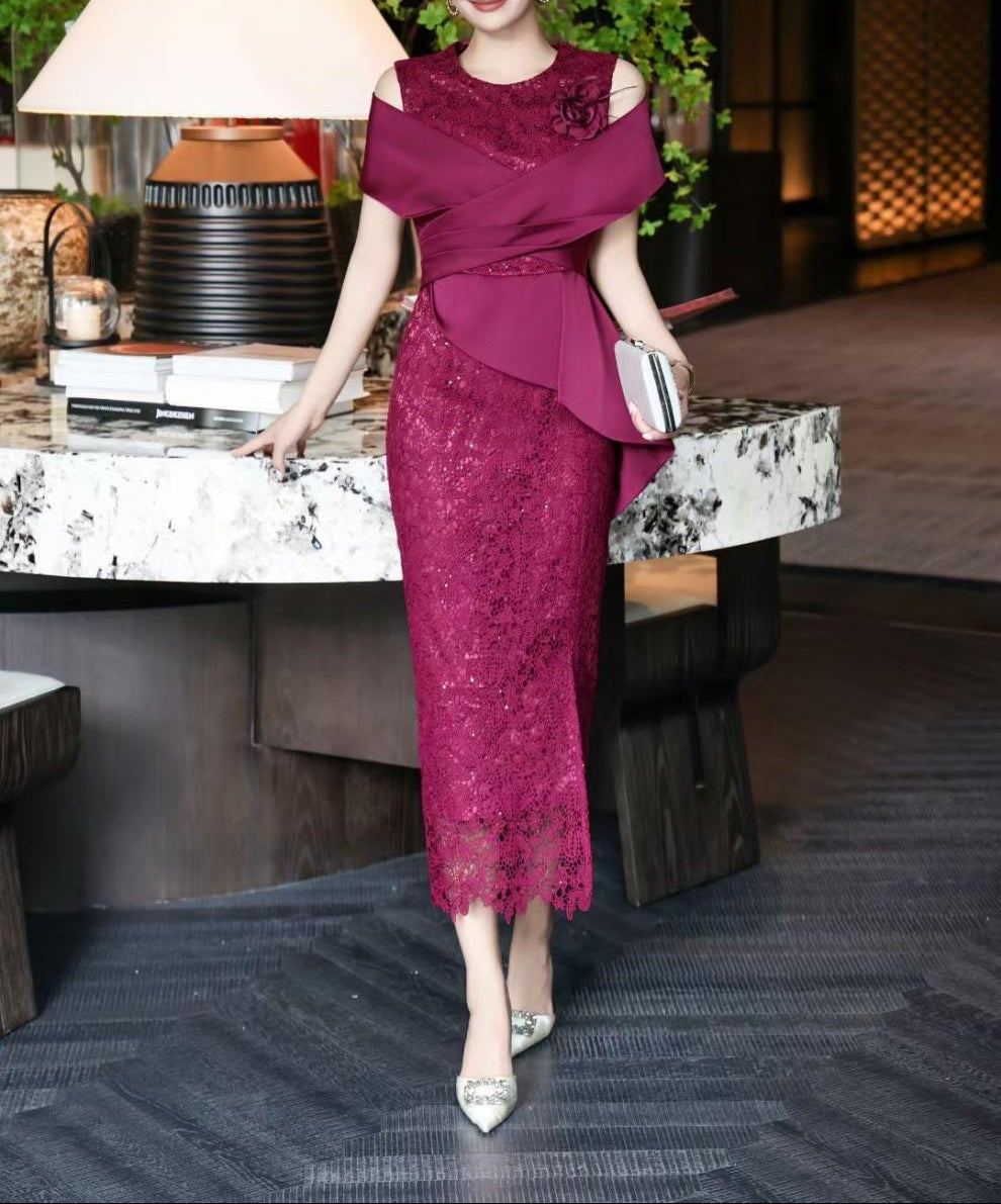 sequined lace dress with sculpted wrap bodice – RENÉ