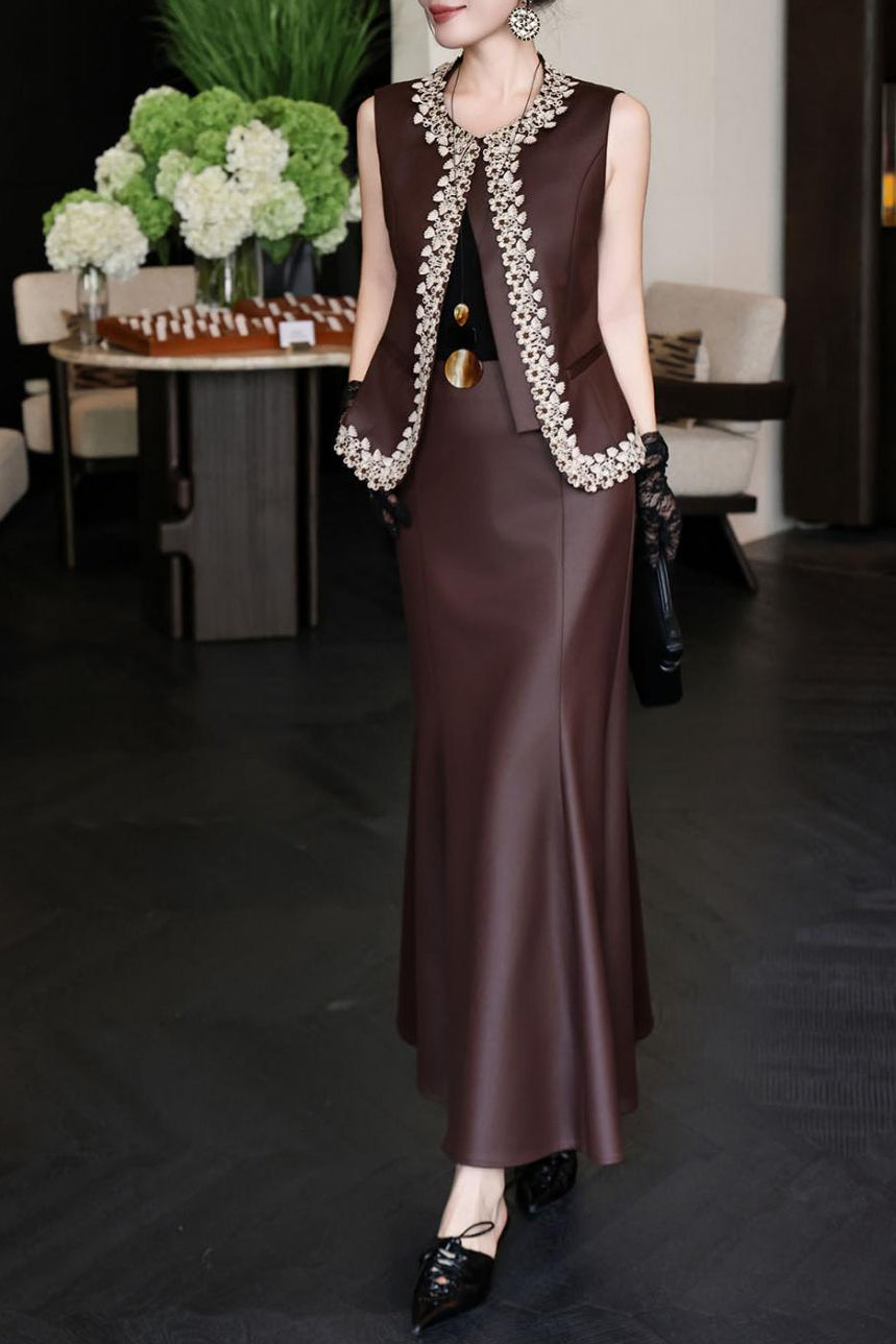 sleeveless tailored dress with embellished open-front vest – DARIYAH