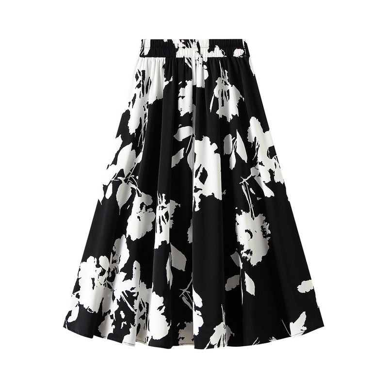 floral A-line midi skirt with monochrome print – ELARA