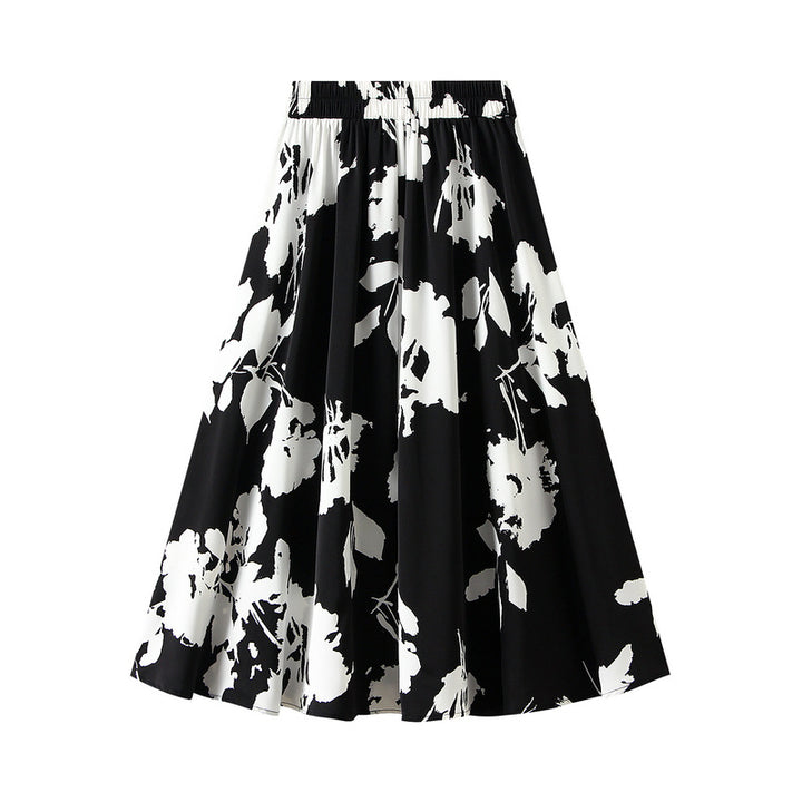 floral A-line midi skirt with monochrome print – ELARA