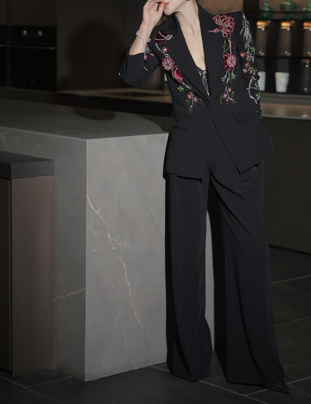 embroidered tailored blazer set with wide-leg pants – BLUSH ROSE