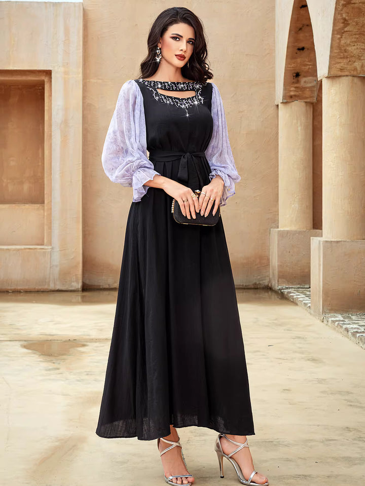 Elegant Black Maxi Dress with Sheer Puff Sleeves – ELENORA