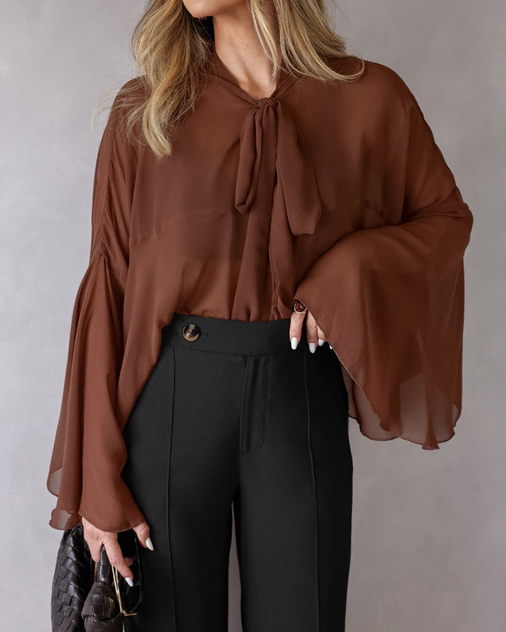 chiffon cape-sleeve blouse with tie neckline – MARVELA