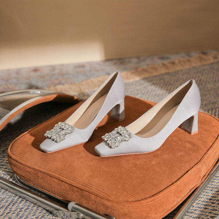 square-toe block heels with crystal buckle – AURORZAM