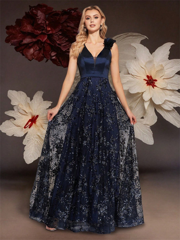 floral embroidered gown with 3D shoulder flower – ARABELLA