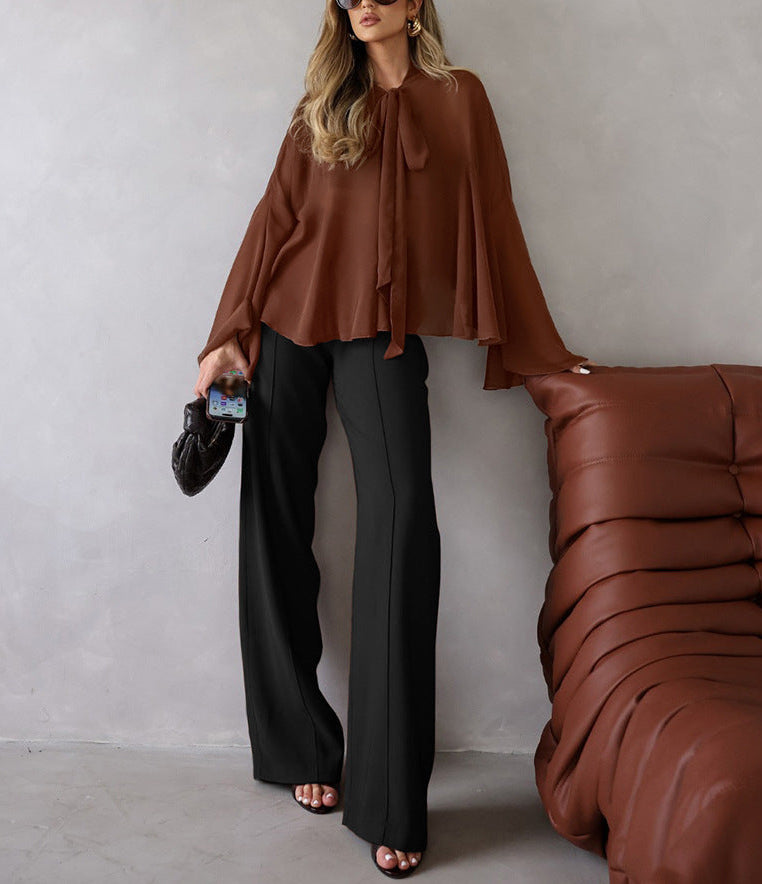 chiffon cape-sleeve blouse with tie neckline – MARVELA