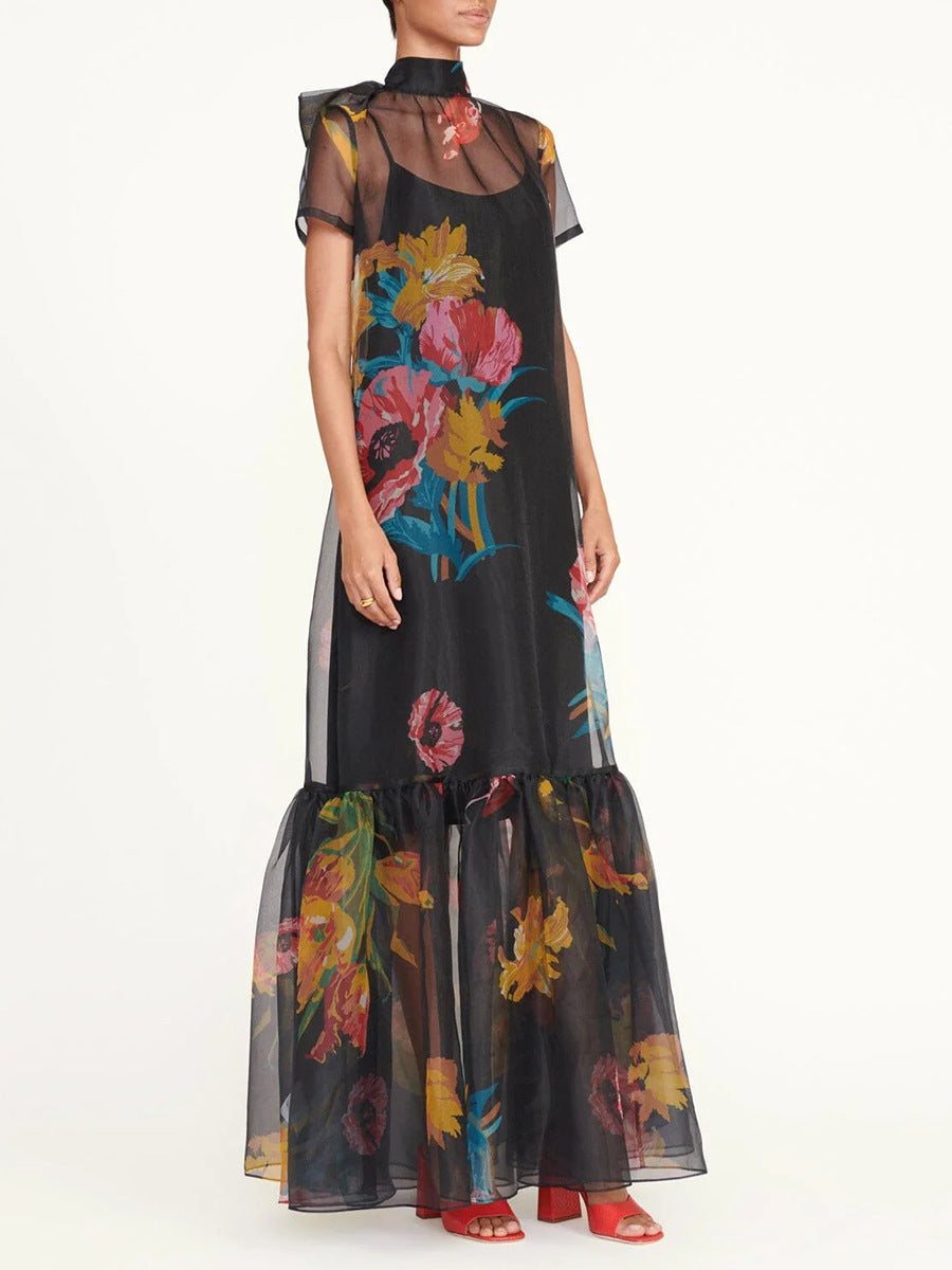 sheer floral maxi dress with ruffled hem – VIVIENIL
