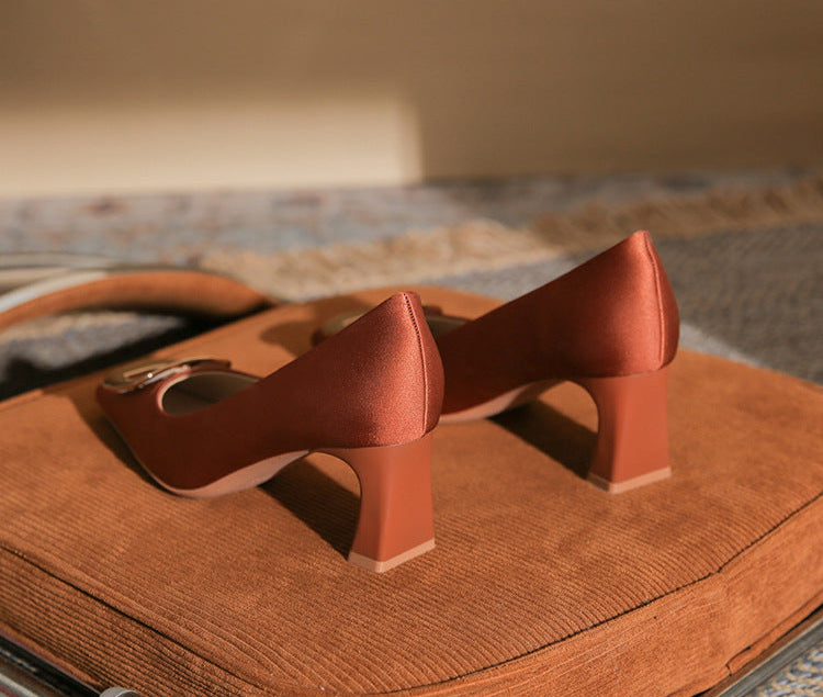 pointed-toe block heel pumps with bold buckle – DARIAWU