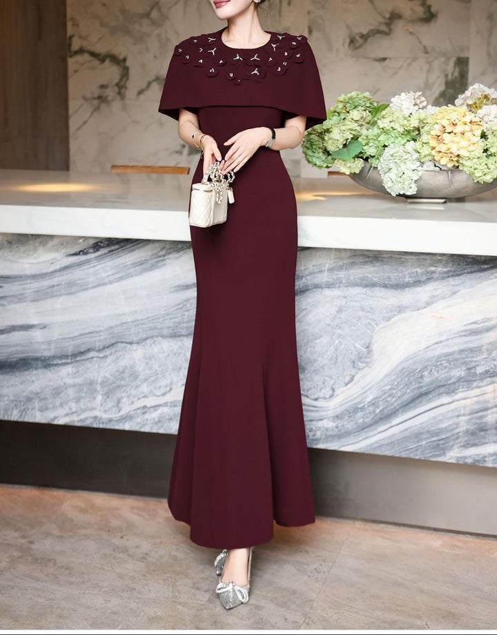 فستان حورية البحر بكتف مكشوف مع رقبة مزينة – فوشيا