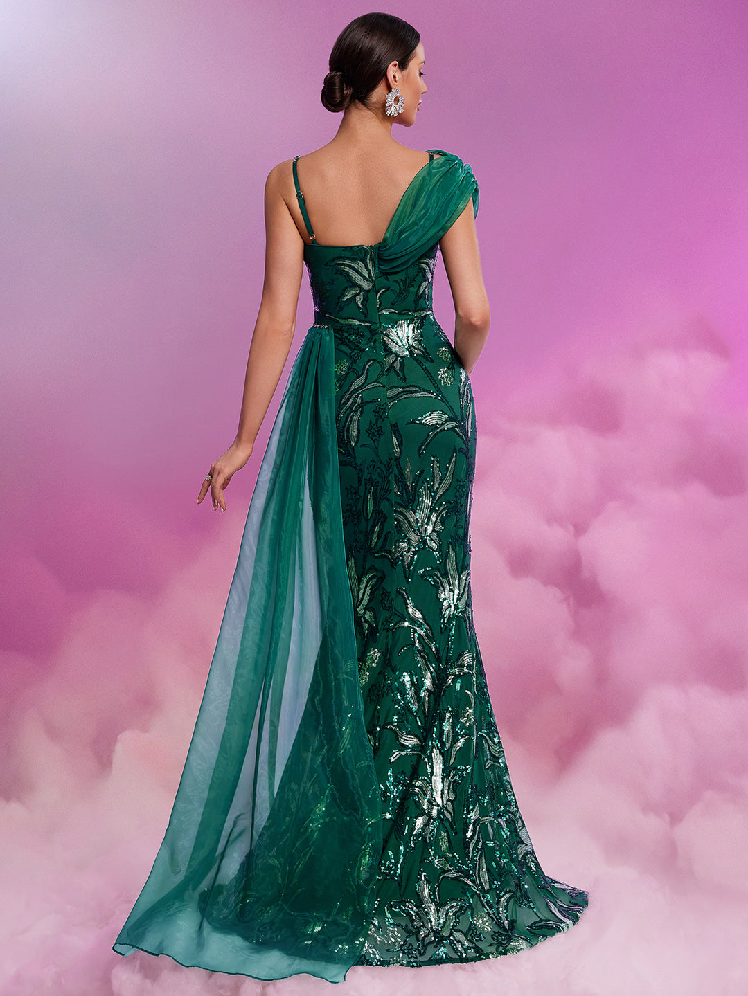 فستان حورية البحر مطرز بكتف واحد مع ثنيات من الشيفون - حلم