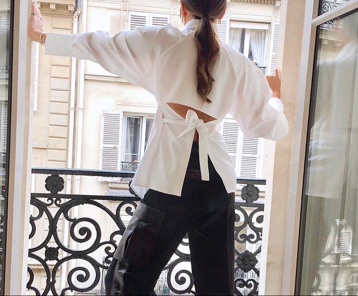 cutout long-sleeve shirt with waist belt – VOGUE