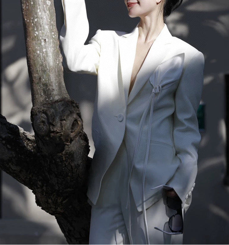 draped satin-detail blazer with wide-leg trousers – LUMIERA