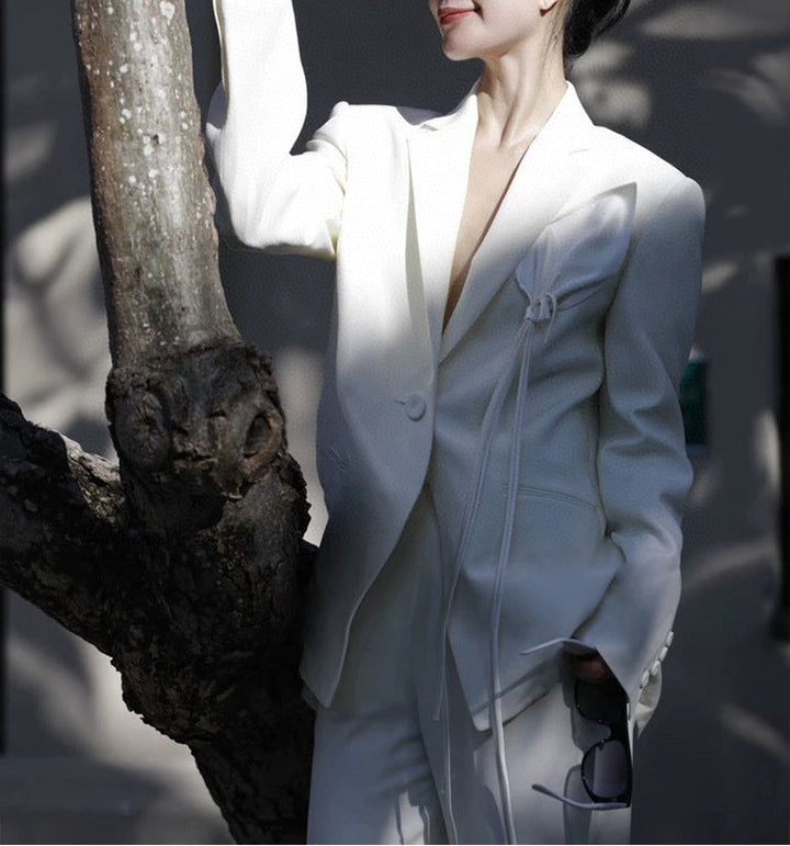 draped satin-detail blazer with wide-leg trousers – LUMIERA