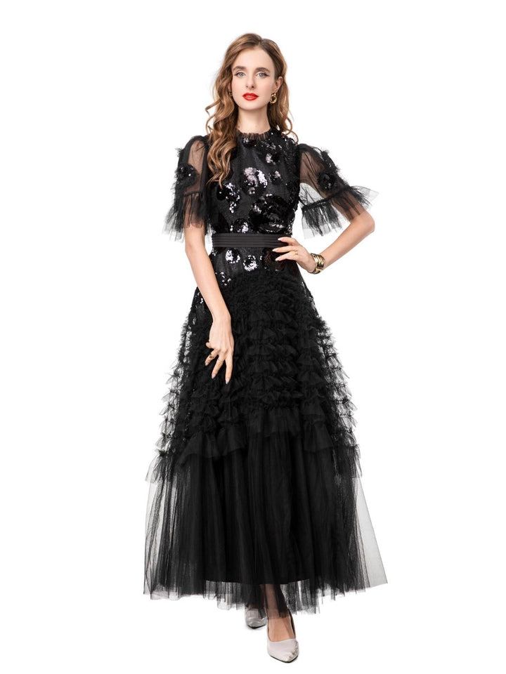 فستان من التول مطرز بالترتر مع تنورة بكشكشة متعددة الطبقات – سيليست