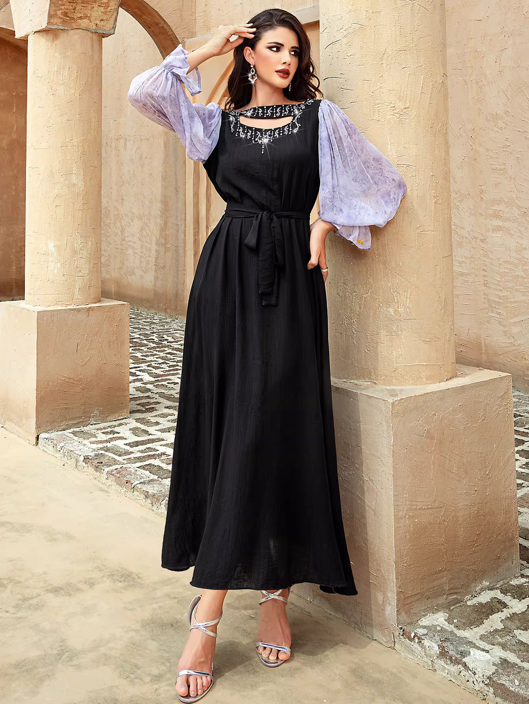 Elegant Black Maxi Dress with Sheer Puff Sleeves – ELENORA