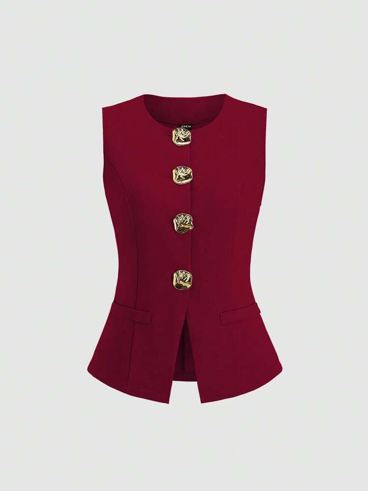 سترة أنيقة بدون أكمام مزينة بأزرار ذهبية منحوتة - فاليري