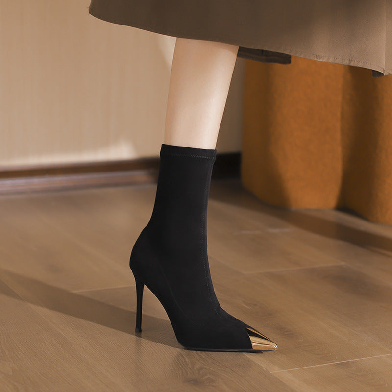 pointed-toe stiletto ankle boots with metallic cap – NOIRZI