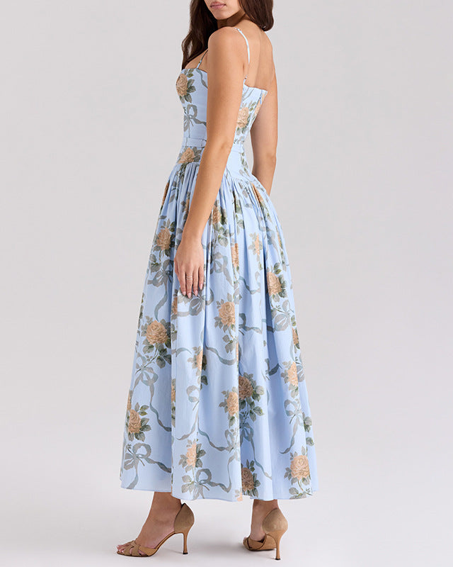 floral print corset midi dress with thin straps – AUROZAKI