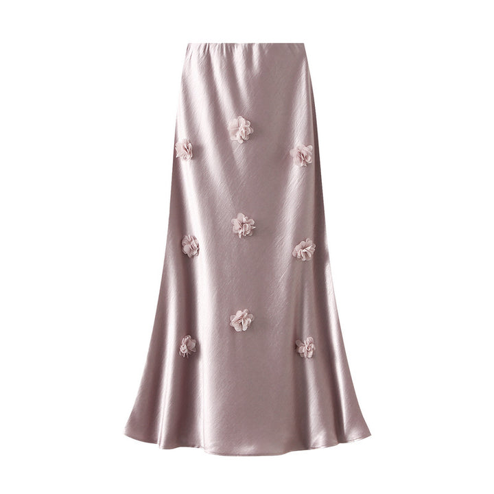 satin midi skirt with 3D floral appliqués – AMÉLIE