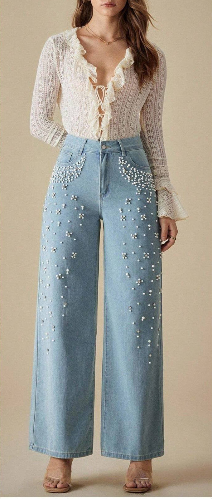 wide-leg black denim pants with pearl embellishment – AURA