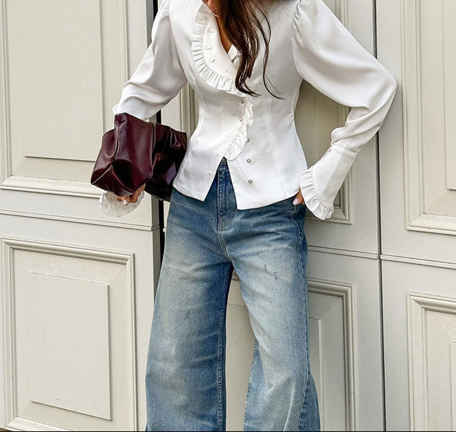 asymmetrical ruffle-front satin blouse – REGALIA