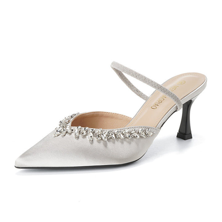 Satin pointed-toe mule with crystal strap - VERANA