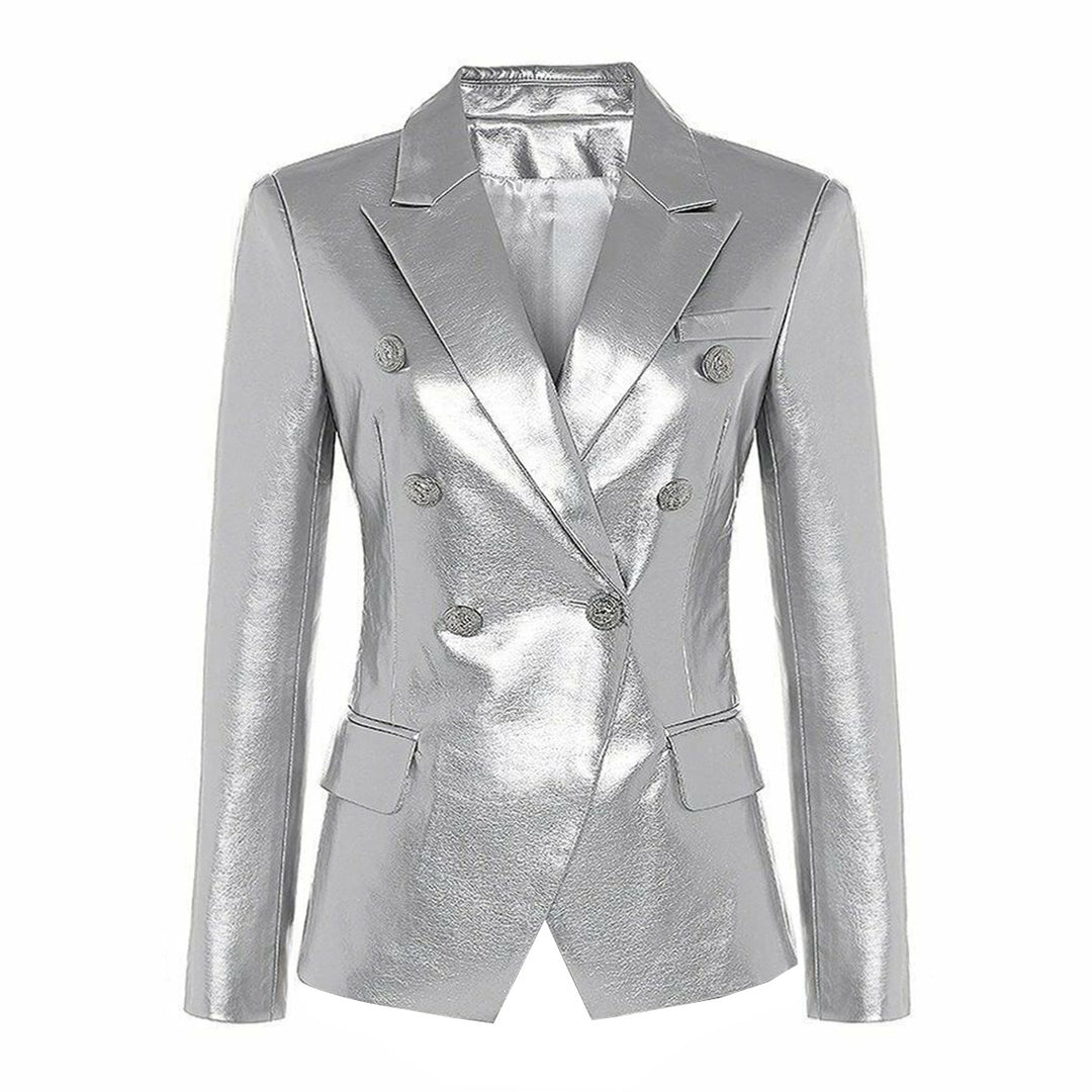 double-breasted leather jacket with gold buttons – AURORANA