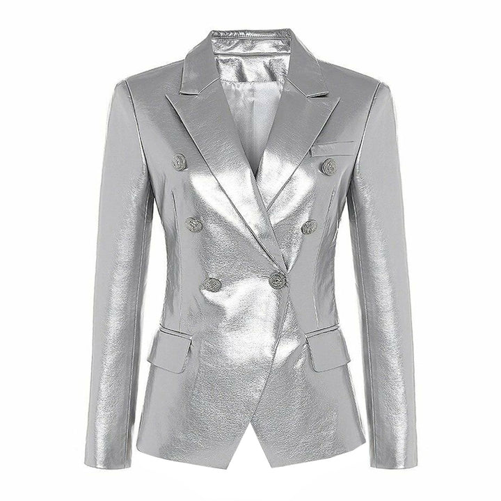 double-breasted leather jacket with gold buttons – AURORANA