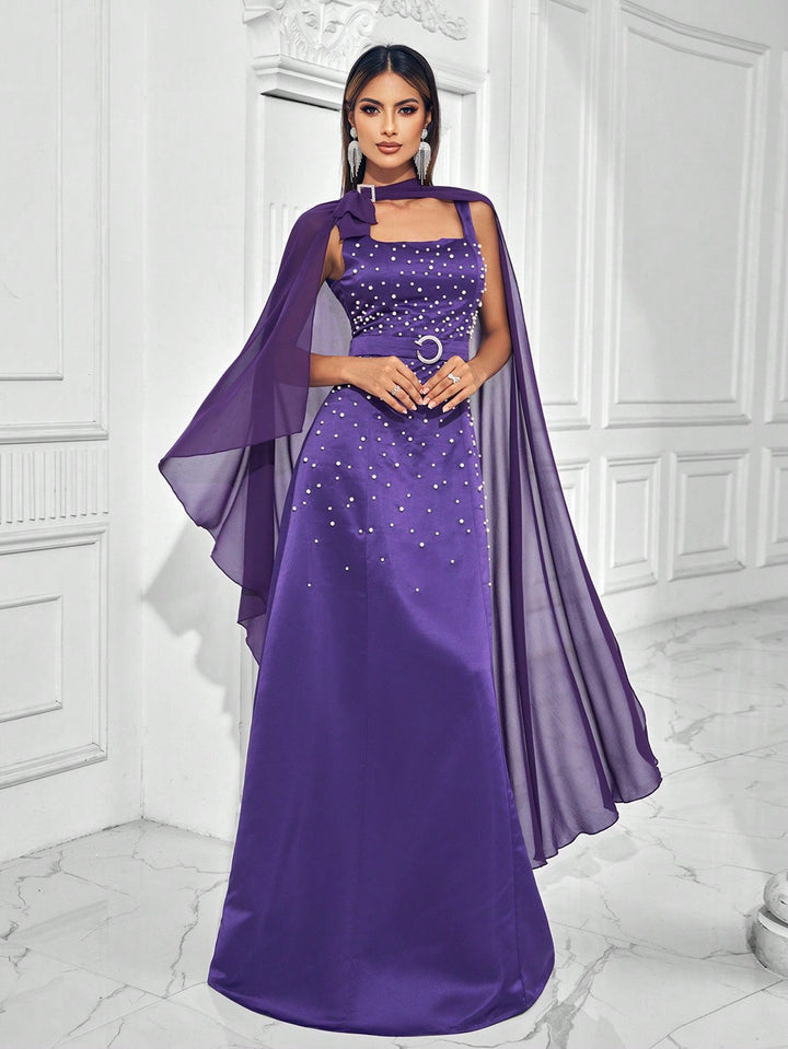 sleeveless gown with pearl embellishments and cape – VROLENTA