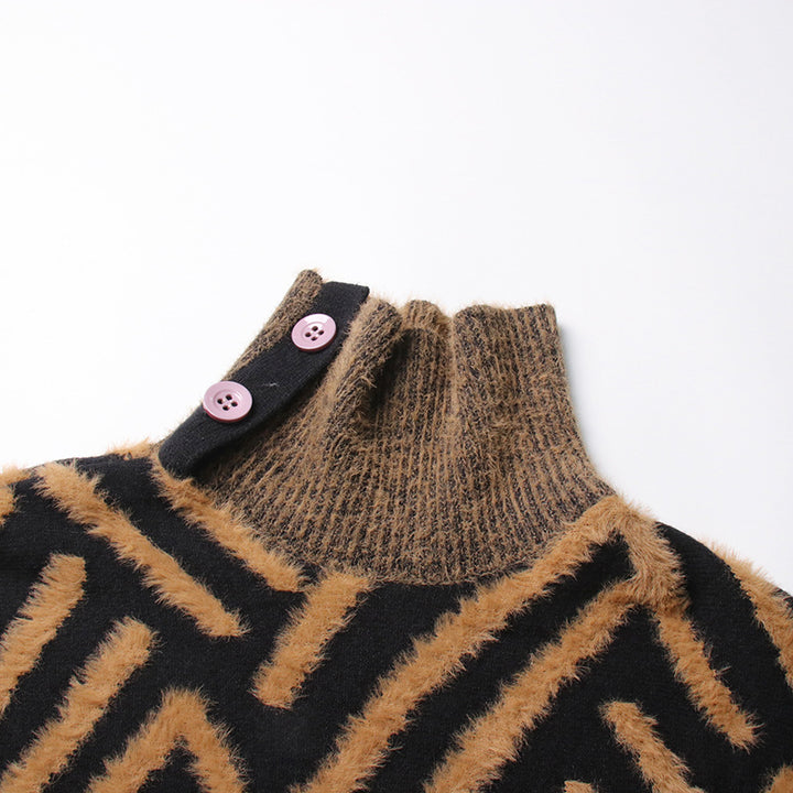 بلوزة محبوكة بنمط هندسي غامض مع ياقة عالية - نالاني