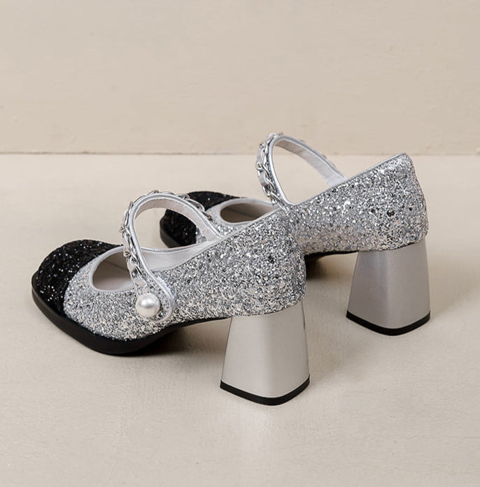 two-tone block-heel pumps with pearl chain strap – VÉRAXA