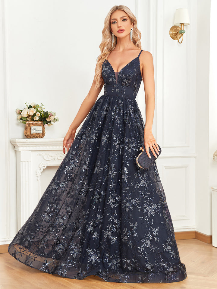 floral embroidered gown with illusion neckline – STARRY